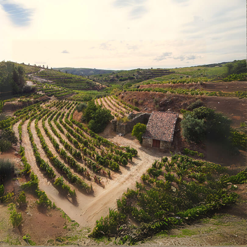 Terraced vineyard in Douro Valley with a small stone house, surrounded by green hills under a clear sky.