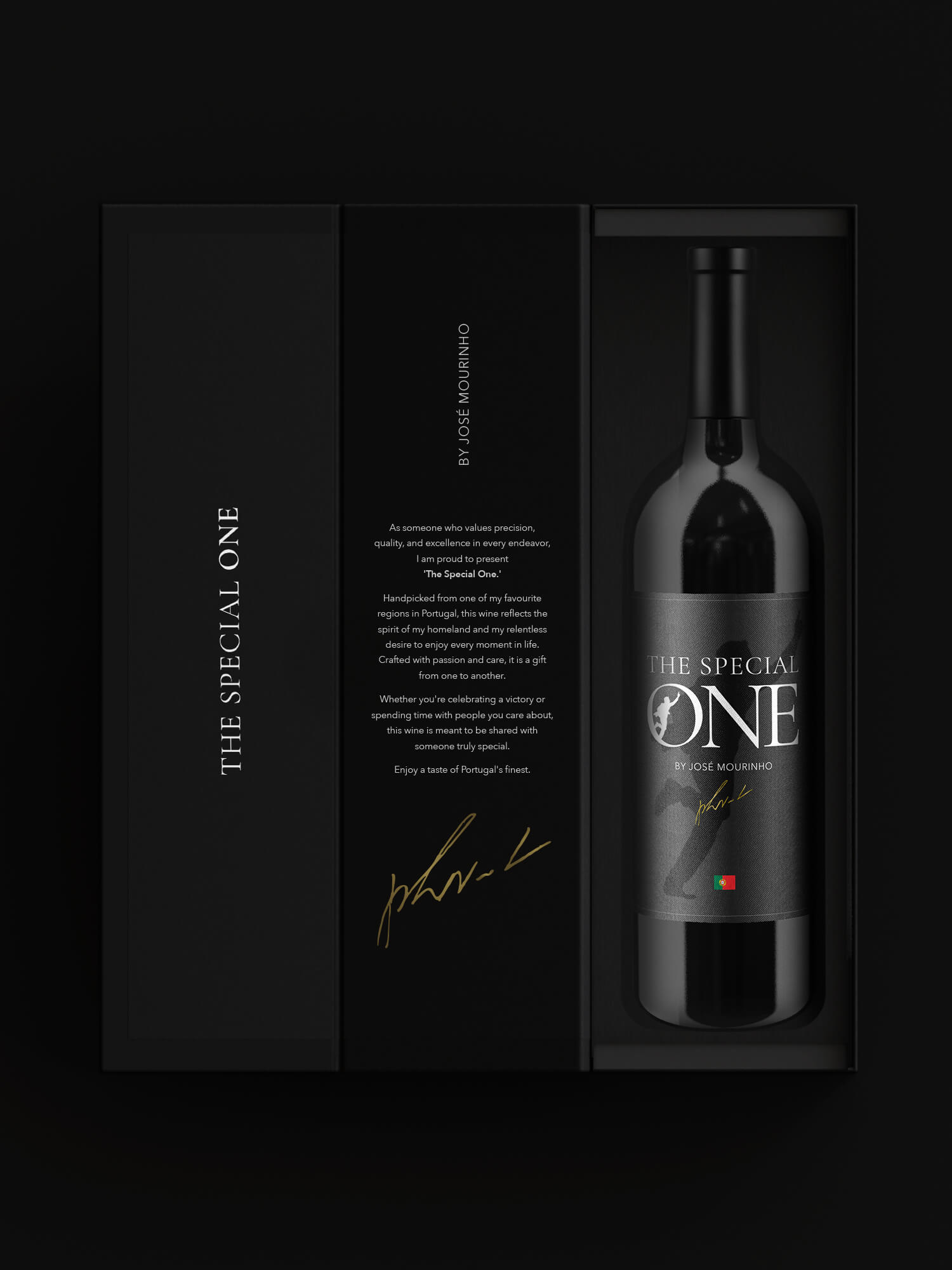 A bottle of red wine labeled "The Special One by José Mourinho" in a black gift box with gold signature, and a description noting the wine's qualities.