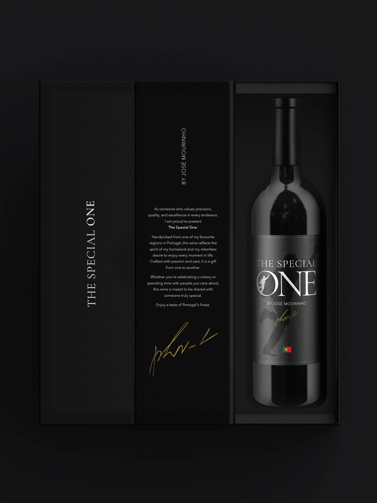 A bottle of red wine labeled "The Special One by José Mourinho" in a black gift box with gold signature, and a description noting the wine&