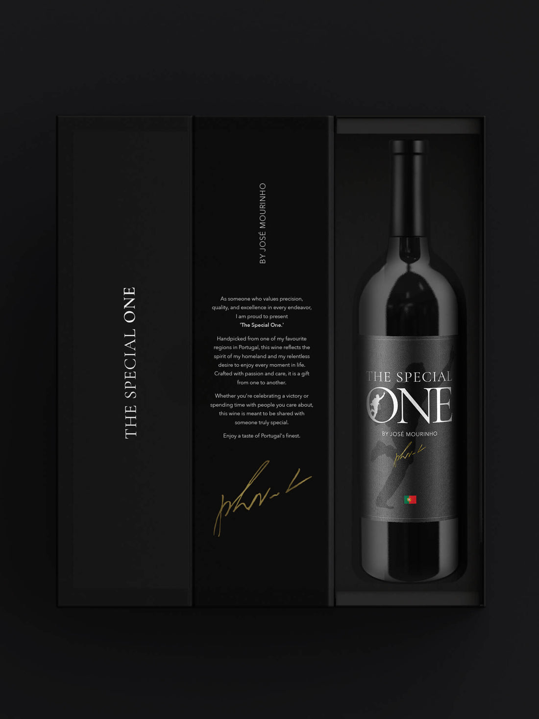 A bottle of red wine labeled "The Special One by José Mourinho" in a black gift box with gold signature, and a description noting the wine&